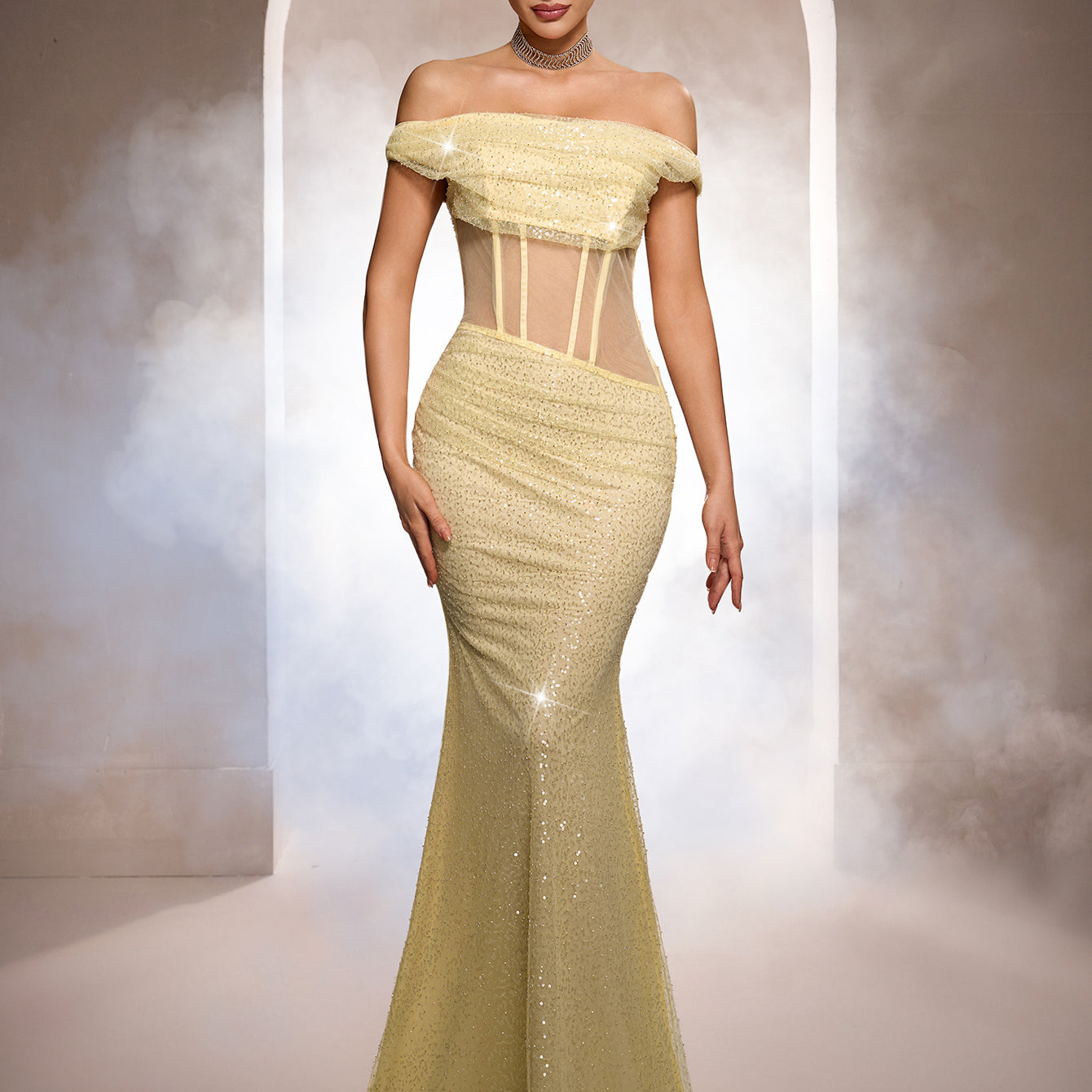 Off Shoulder Corset Sequin Prom Dress ST59102