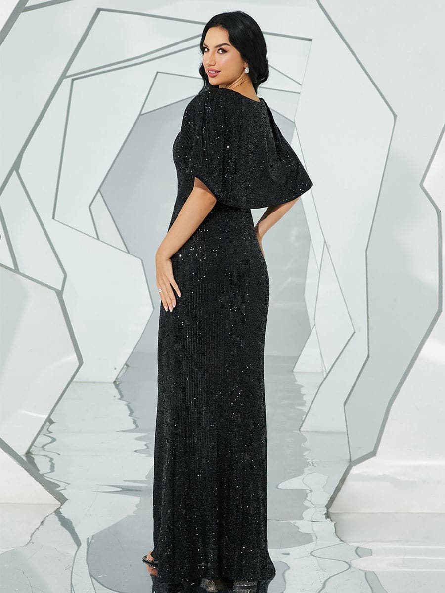 Puncho Back Puff Sleeve Sequin Evening Dress XH2266