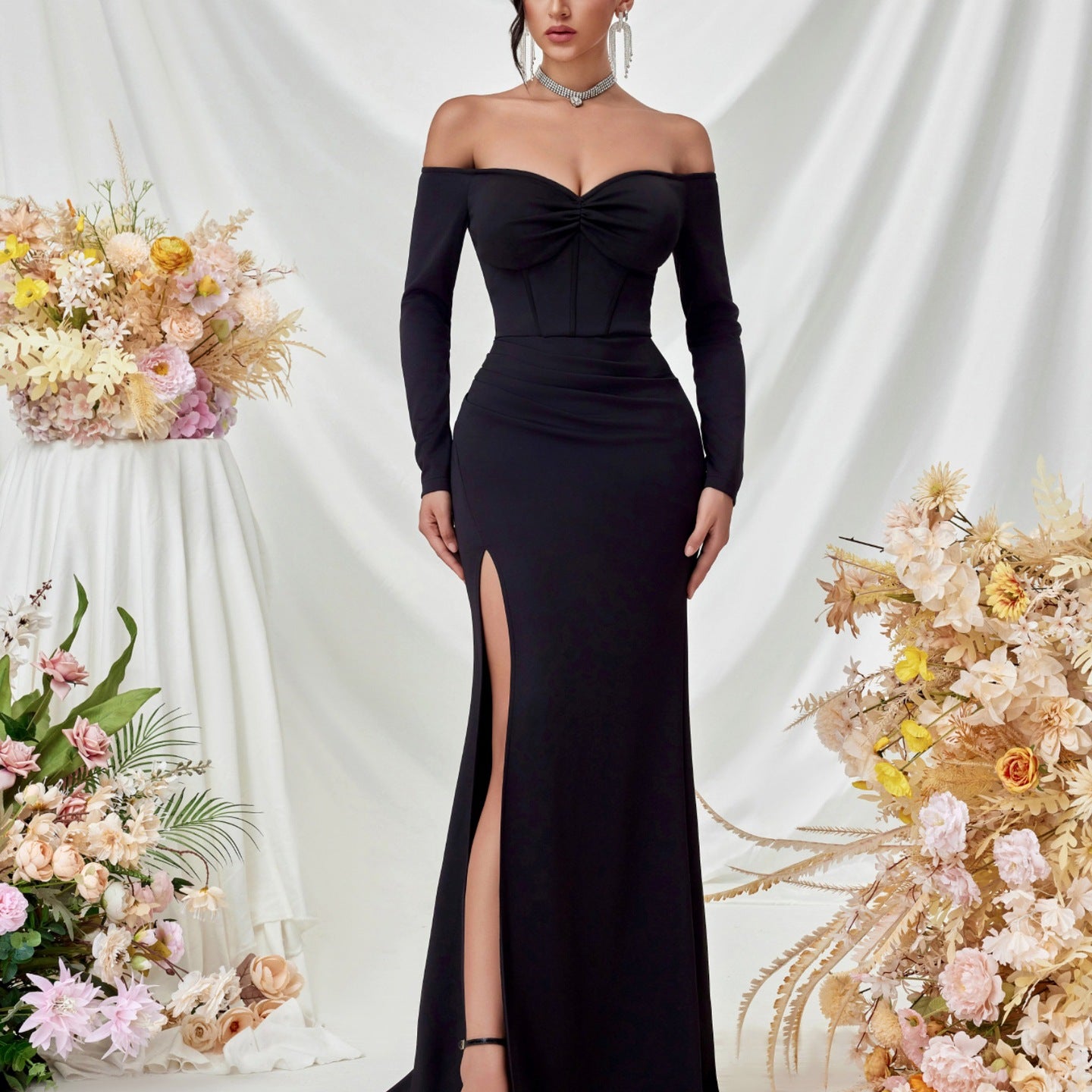 Off Shoulder Long Sleeve Corset Elegant Prom Dress XF05708