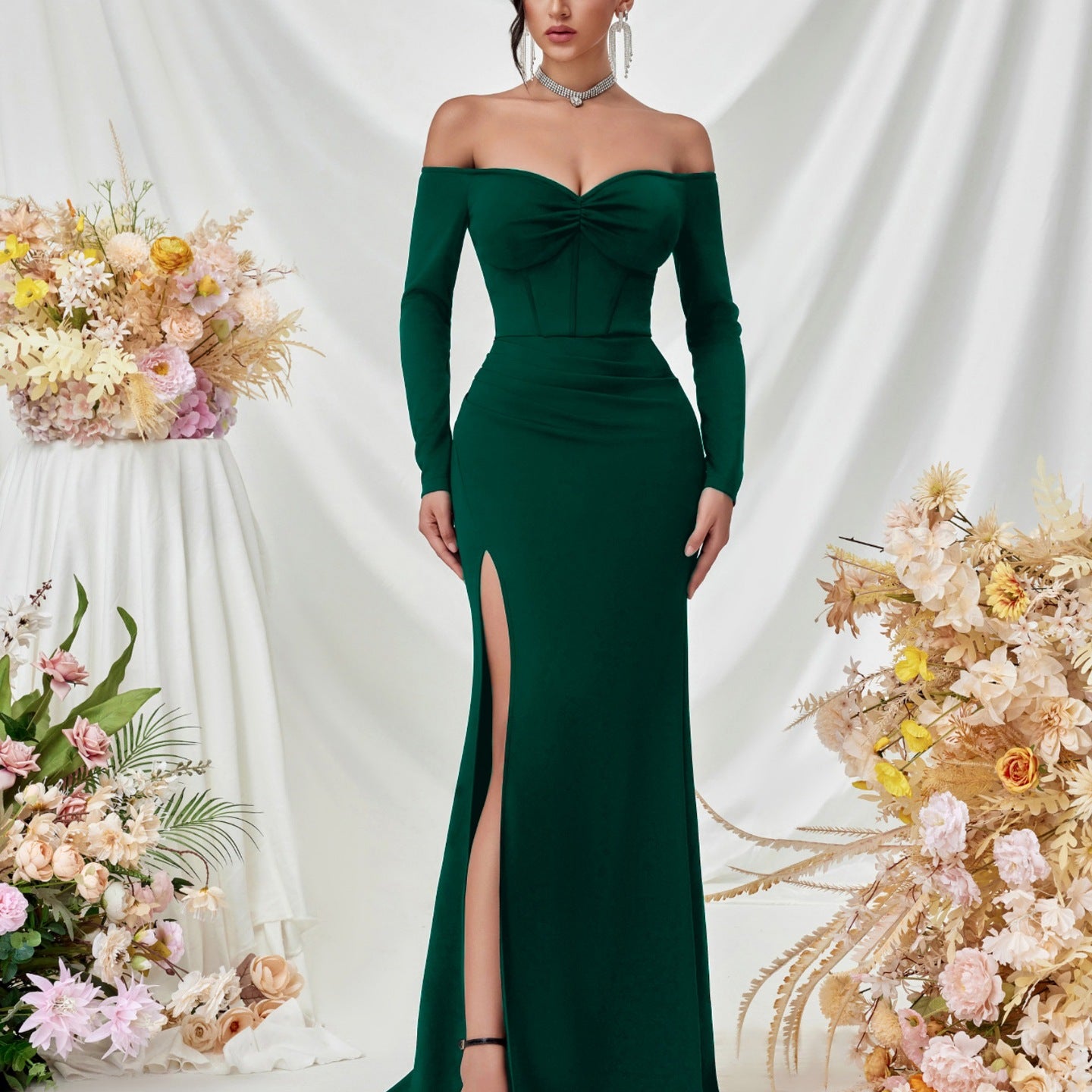 Off Shoulder Long Sleeve Corset Elegant Prom Dress XF05708