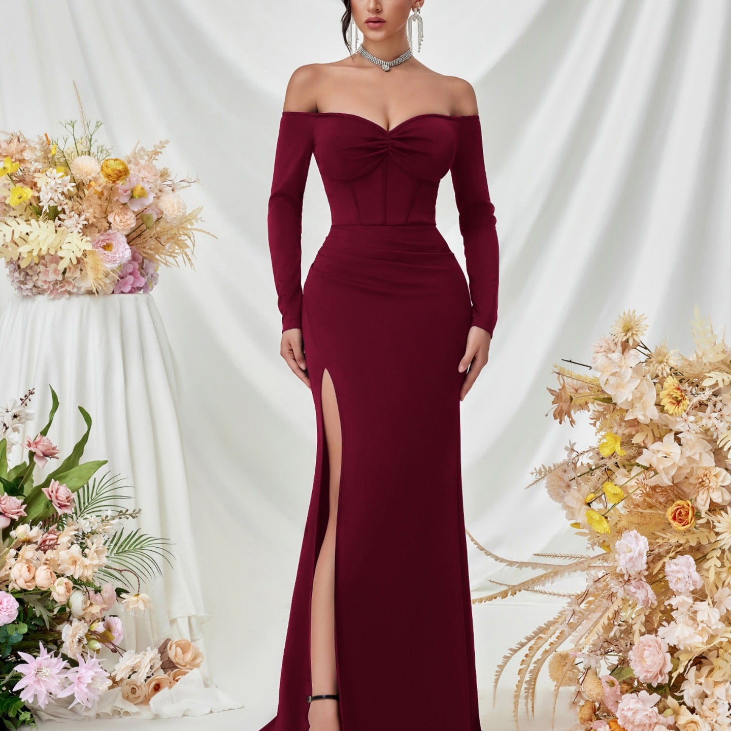 Off Shoulder Long Sleeve Corset Elegant Prom Dress XF05708