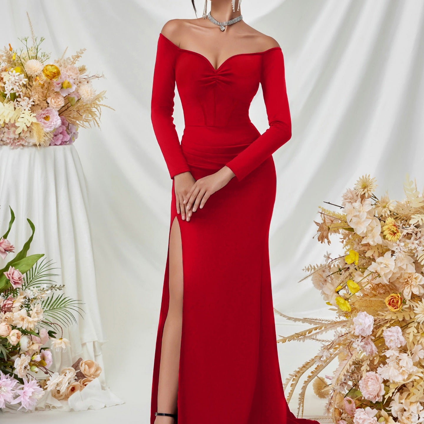 Off Shoulder Long Sleeve Corset Elegant Prom Dress XF05708