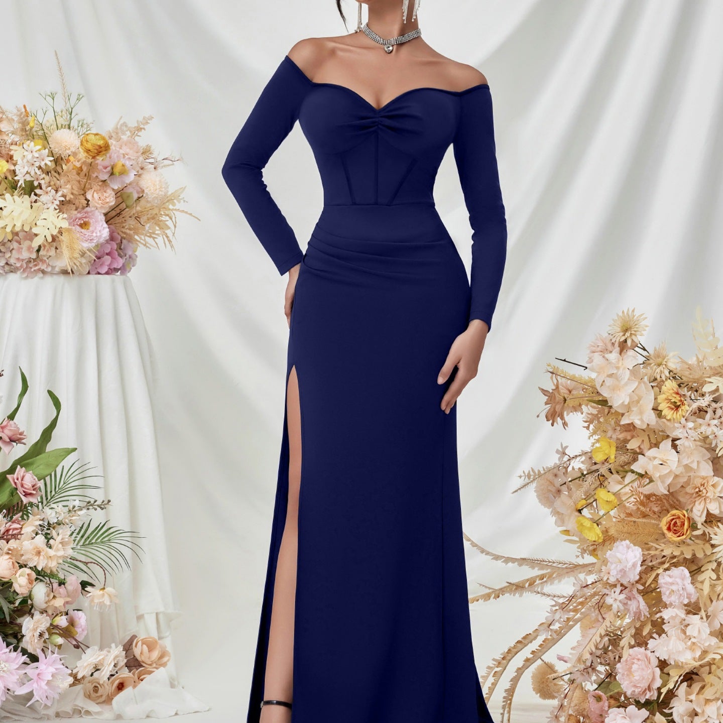 Off Shoulder Long Sleeve Corset Elegant Prom Dress XF05708