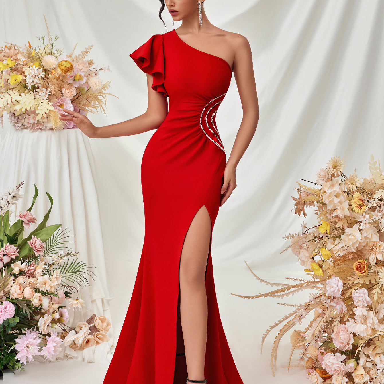 Ruffled One Shoulder Split Ruched Wedding Guest Dress XF05710