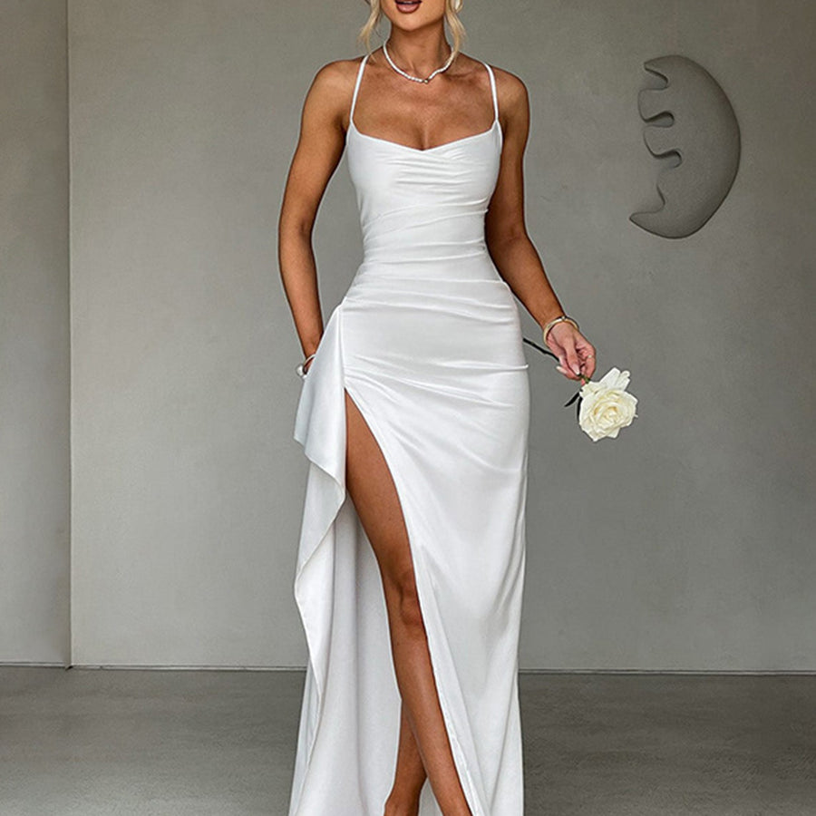 White Lace-up Asymmetric Cocktail Dress XF05757