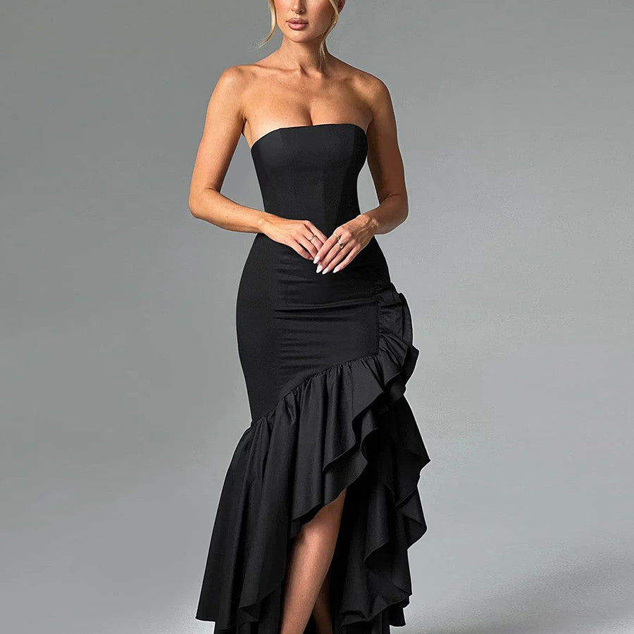 Wine Strapless Ruffled Asymmetrical Prom Dress XF05765