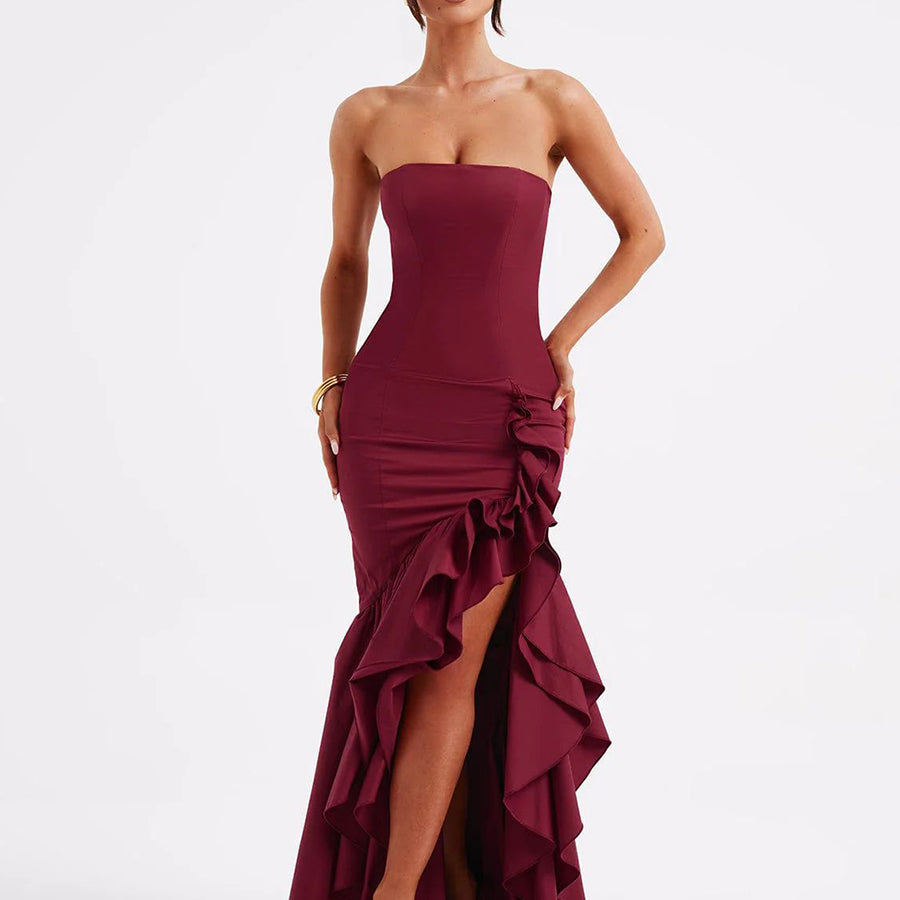 Wine Strapless Ruffled Asymmetrical Prom Dress XF05765
