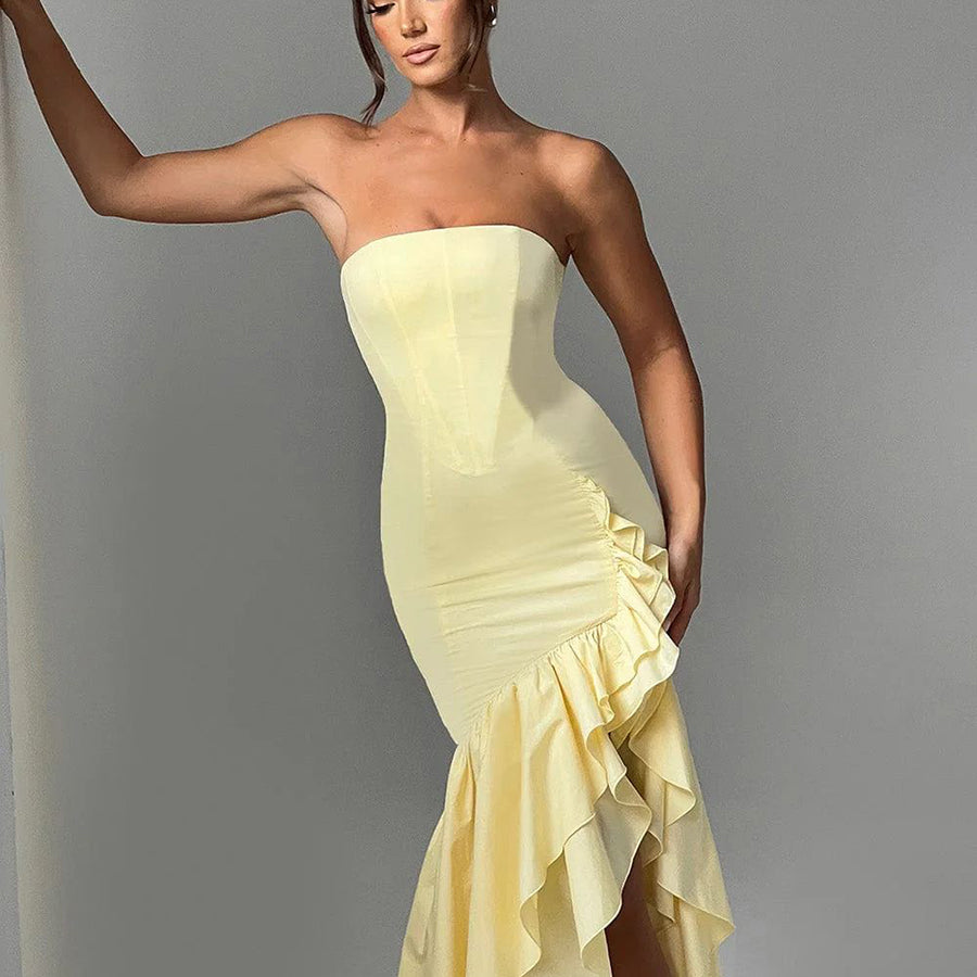 Wine Strapless Ruffled Asymmetrical Prom Dress XF05765