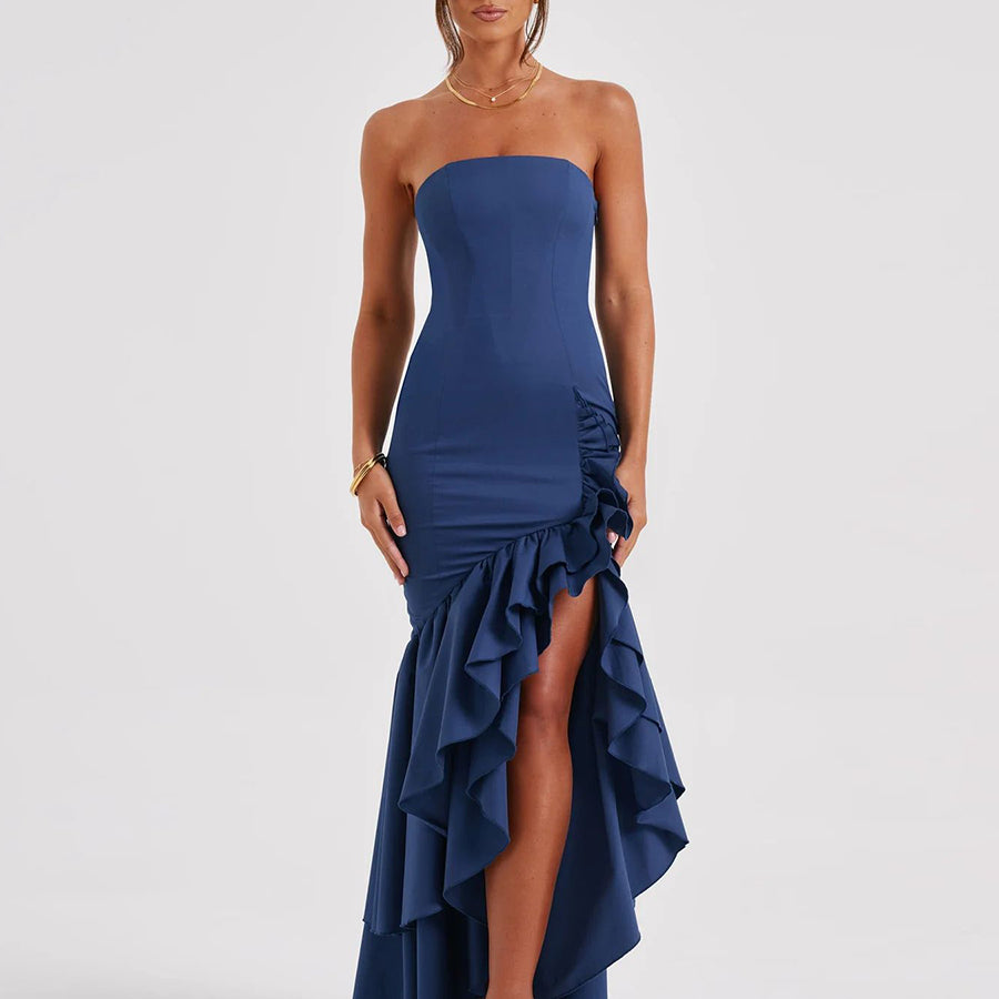 Wine Strapless Ruffled Asymmetrical Prom Dress XF05765