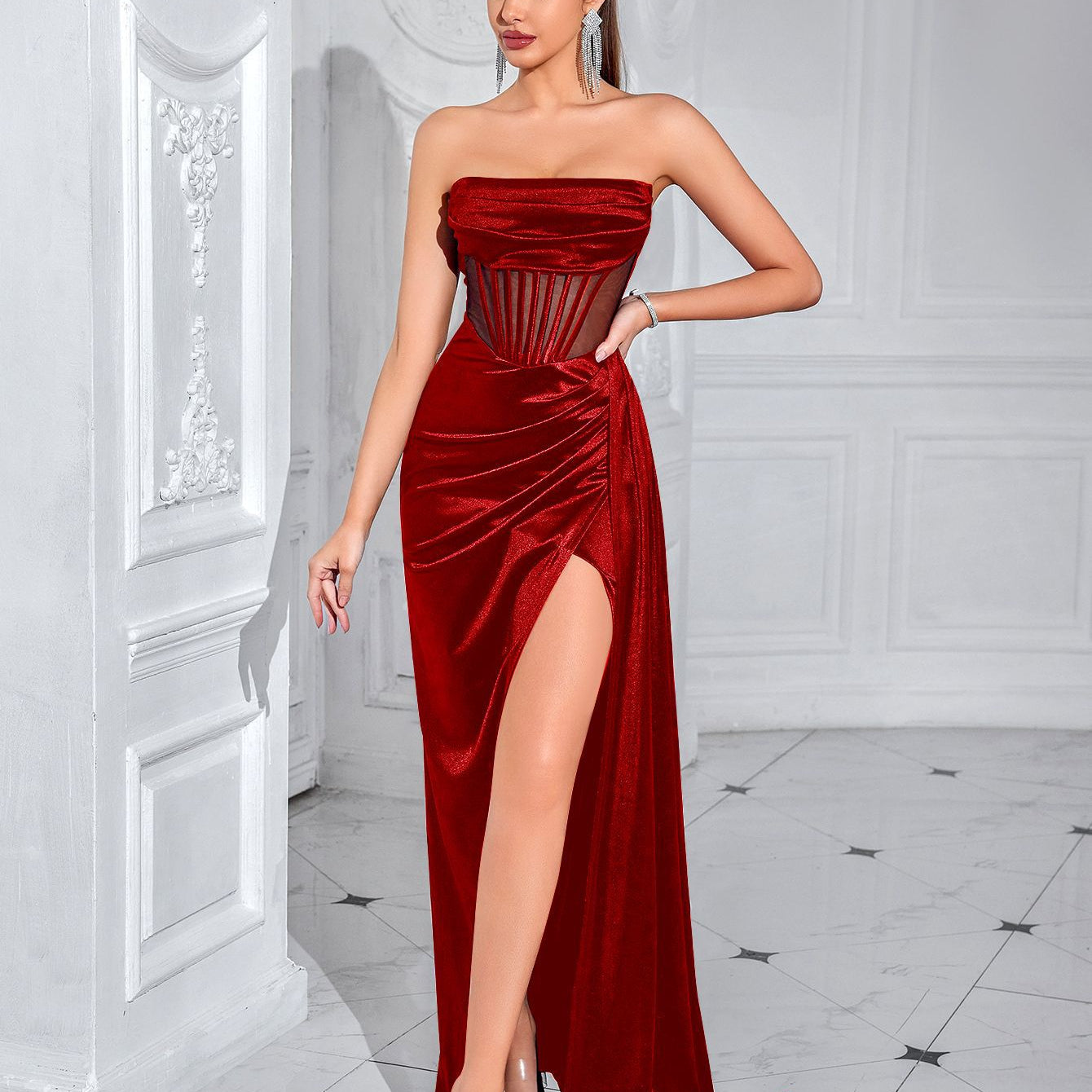 Strapless Corset High Side Slit Prom Dress XF250116