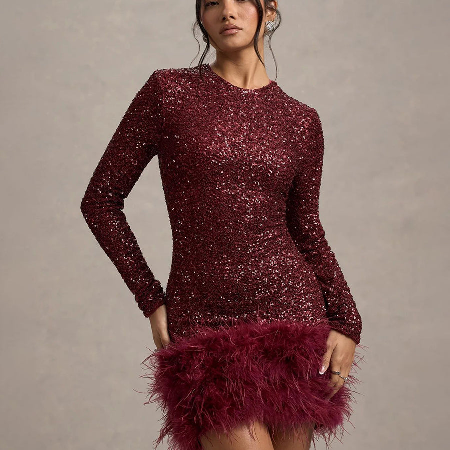 Long Sleeve Sequin Feather Mini Dress XF251193