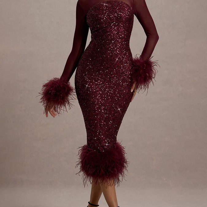 Venus Long Sleeve Feather Sequin Cocktail Dress