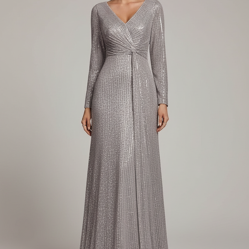 Silver Sequin Long-Sleeve Formal Dress XF251211