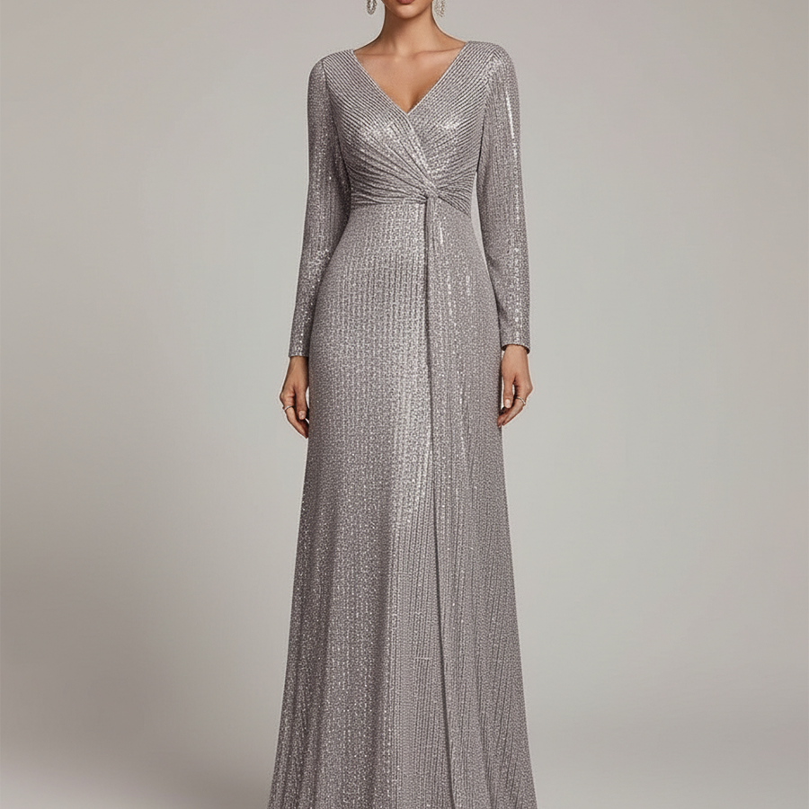 Evelyn Long-Sleeve Sequin Formal Dress