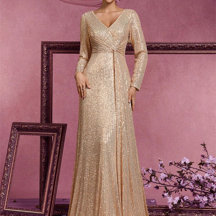 Evelyn Long-Sleeve Sequin Formal Dress