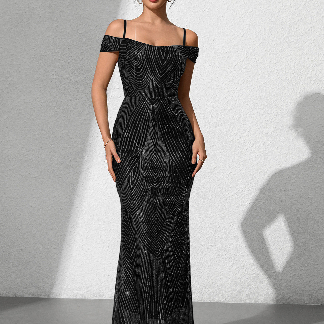 Black Sequin Off-Shoulder Cocktail Dress XF251216