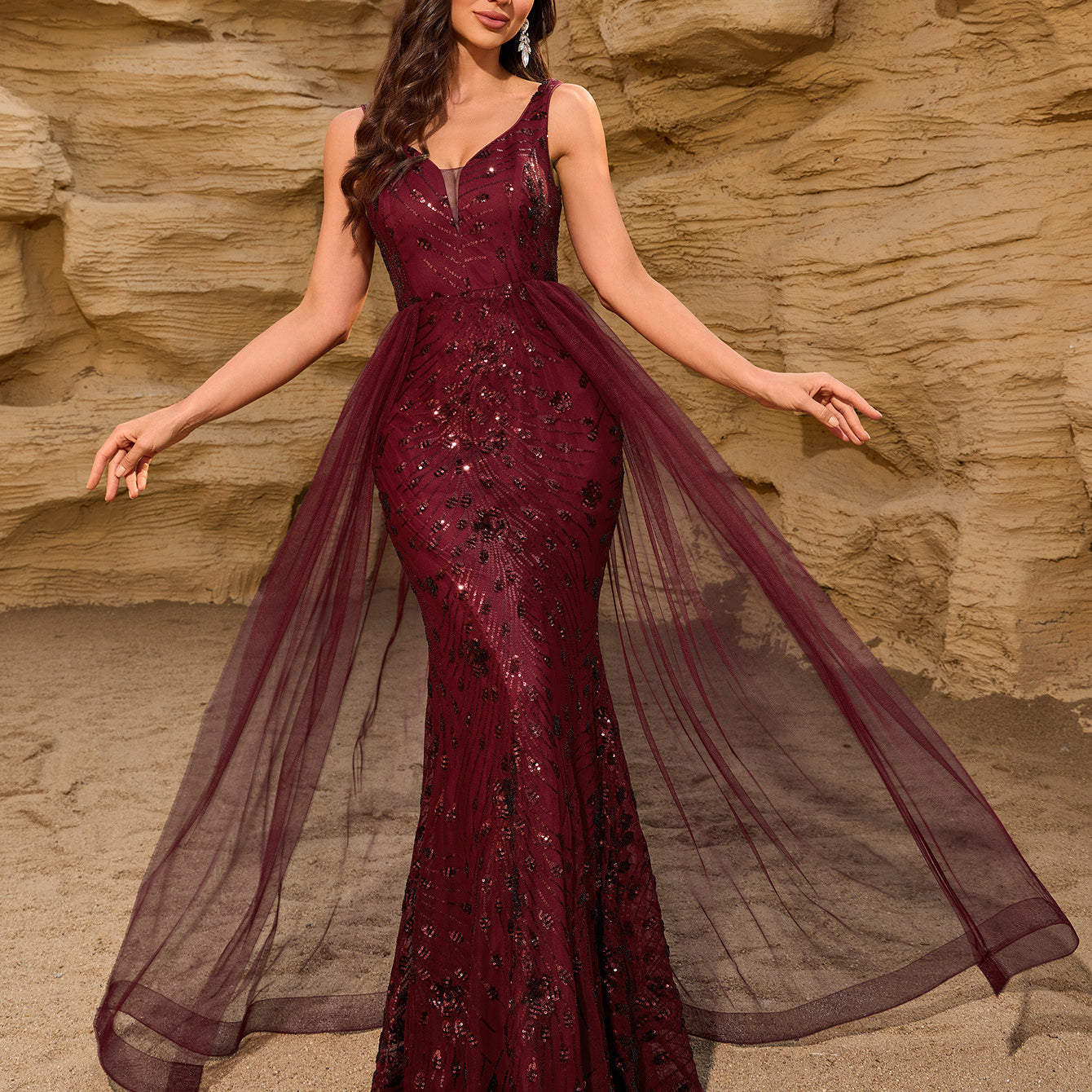Luxury Sequin Mermaid Cape Evening Dress XF251229