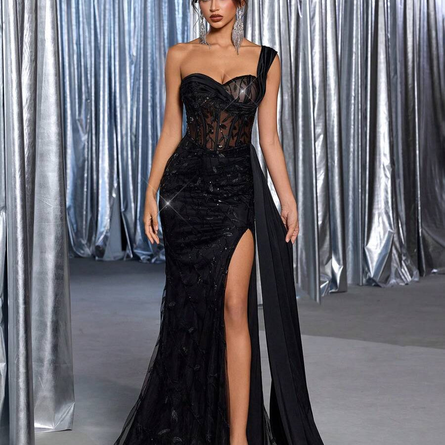One Shoulder Sequin Corset Evening Dress XF251232