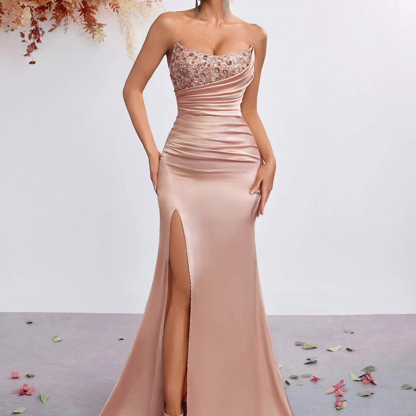 Elegant Satin Ruched Split Formal Dress XF251240