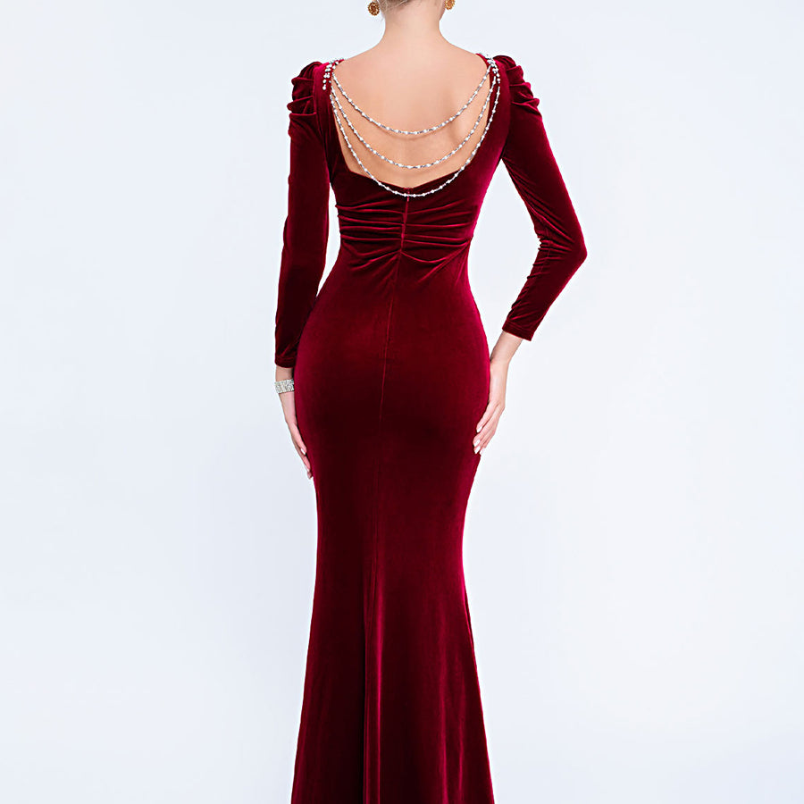 Burgundy Velvet Backless Chain Formal Dress XF251266