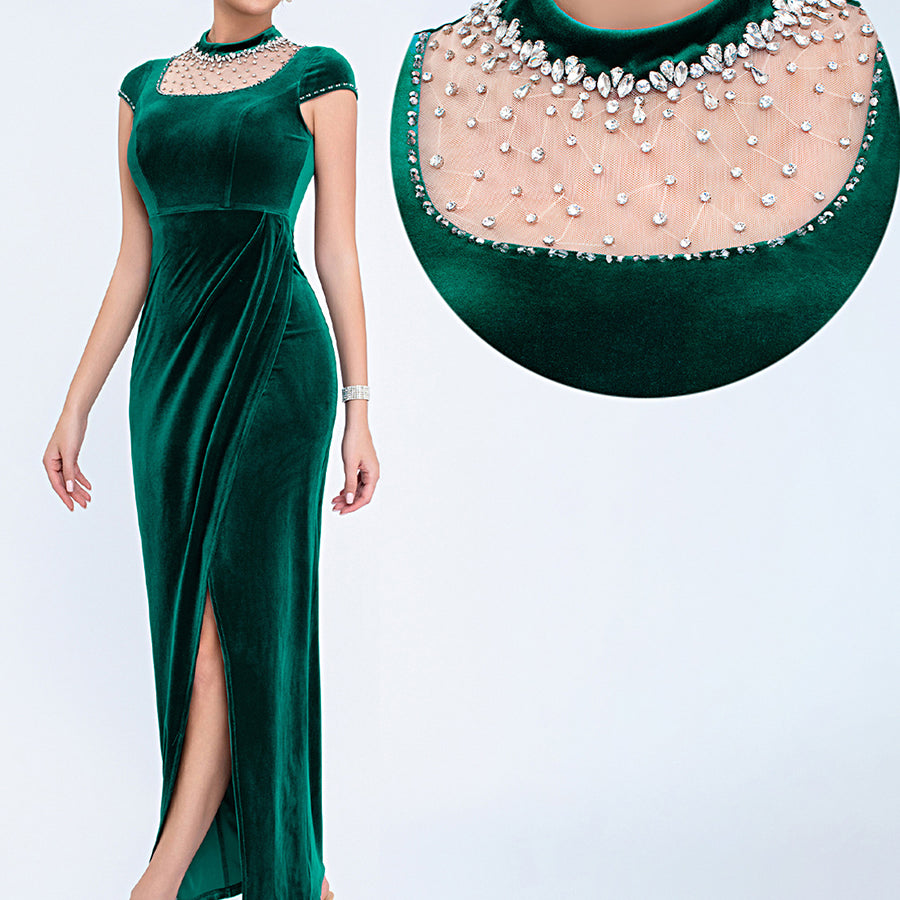 Wine Slit Velvet Elegant Rhinestone Cocktail Dress XF251278