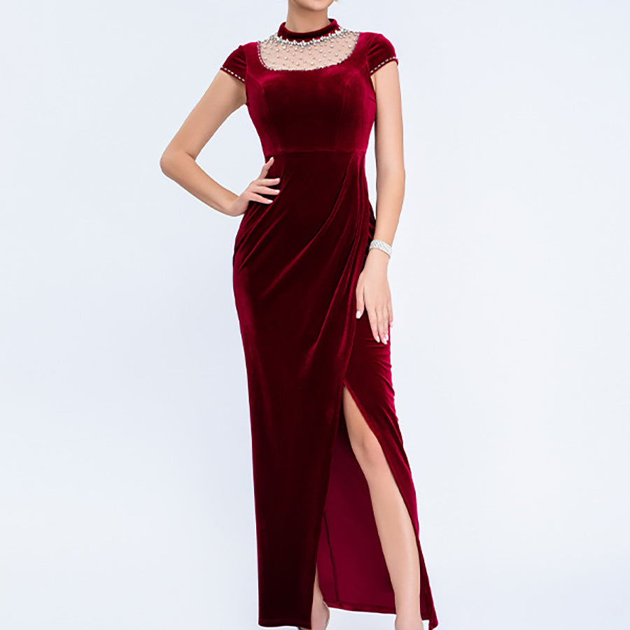 Wine Slit Velvet Elegant Rhinestone Cocktail Dress XF251278
