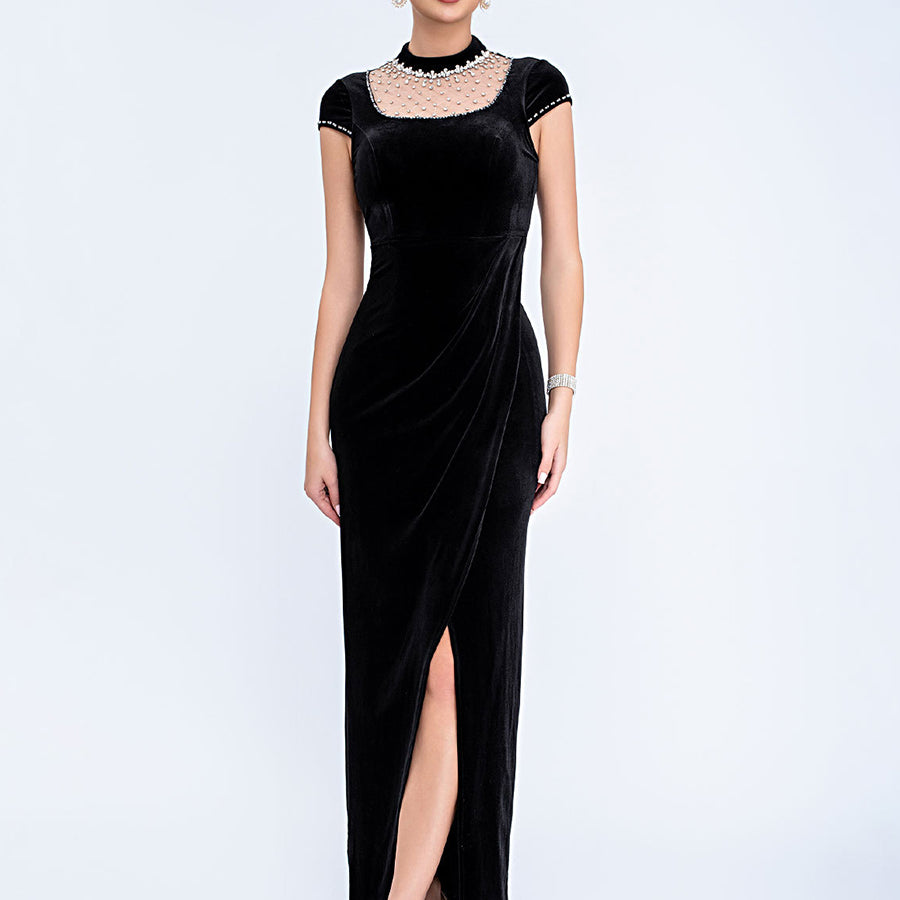 Wine Slit Velvet Elegant Rhinestone Cocktail Dress XF251278