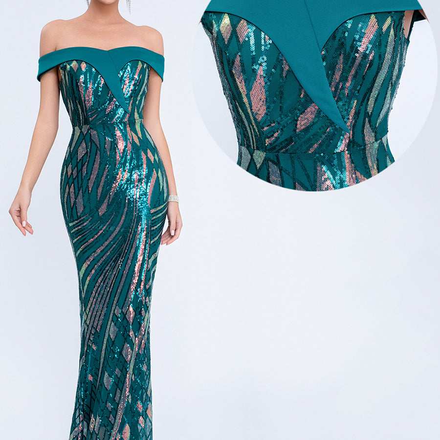 Iridescent Sequin Off-Shoulder Mermaid Formal Dress XF251279