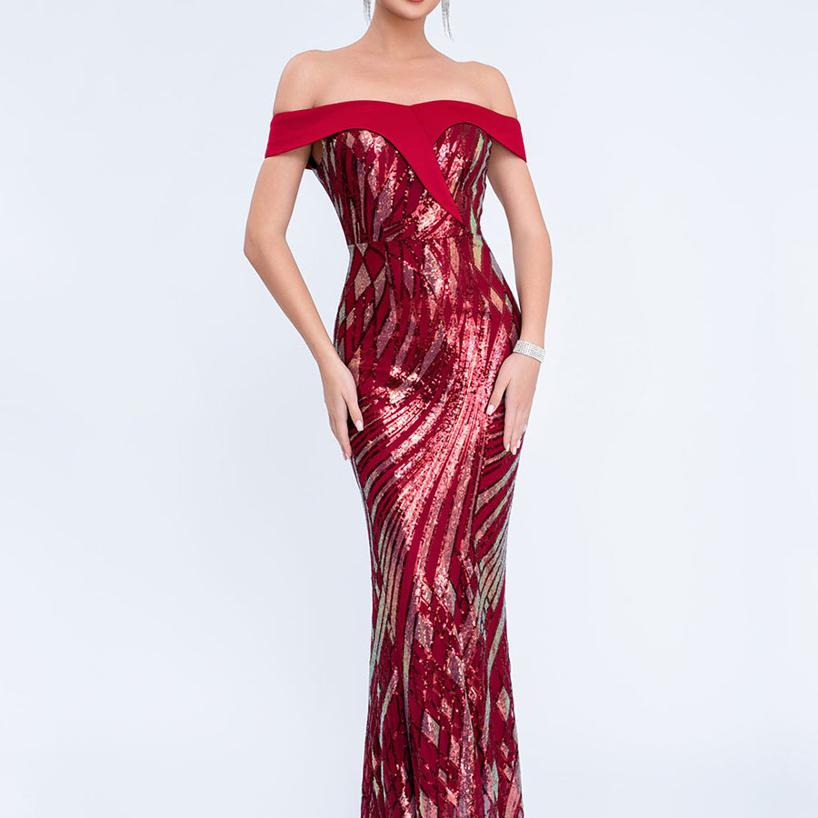 Red Off-Shoulder Graphic Sequin Formal Dress XF251279