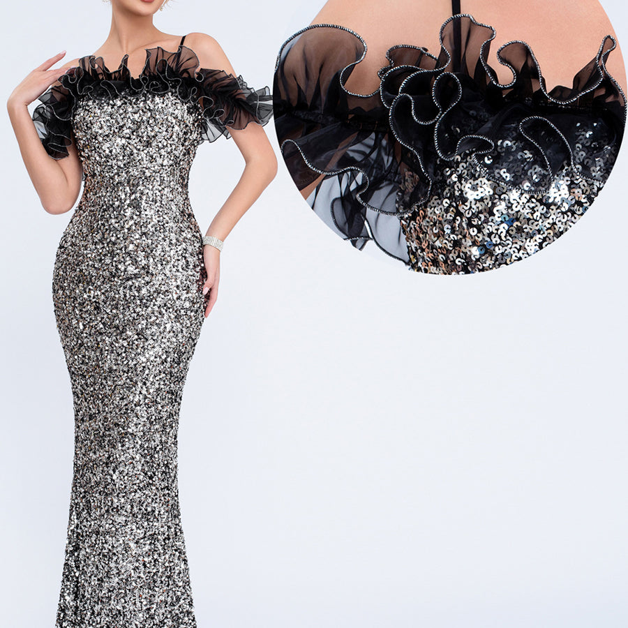 Ombre Sequin Off-Shoulder Ruffled Evening Dress XF251281