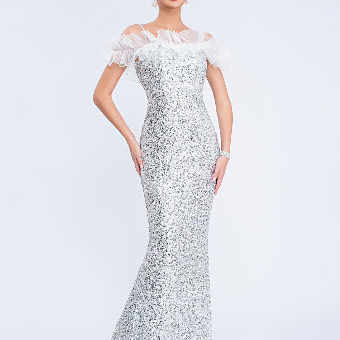 Silver Sequin Off Shoulder Mermaid Evening Dress XF251281