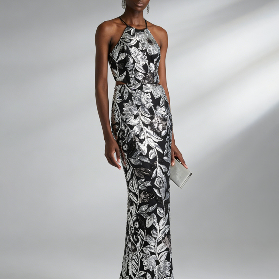 Floral Sequin Halter Cutout Evening Dress XF251316