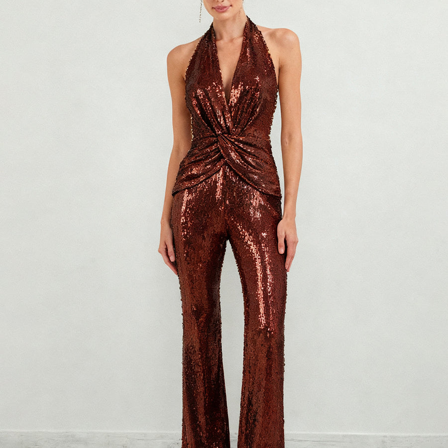 Twist-Front Copper Sequin Flared Jumpsuit XF251317