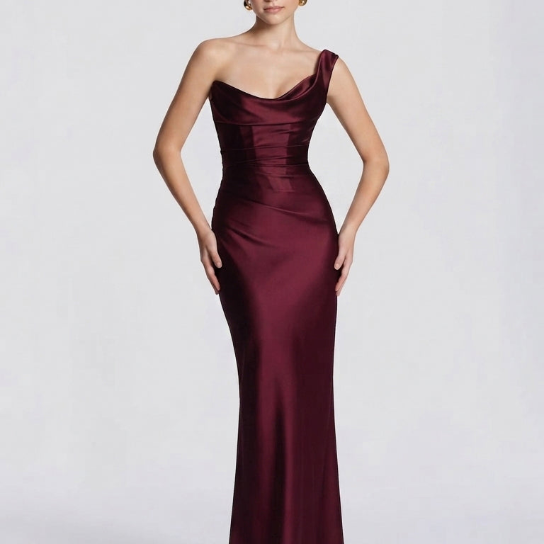 One Shoulder Ruched Satin Cocktail Dress
