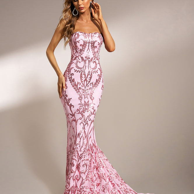 Strapless Mermaid Sequin Maxi Dress XH1342
