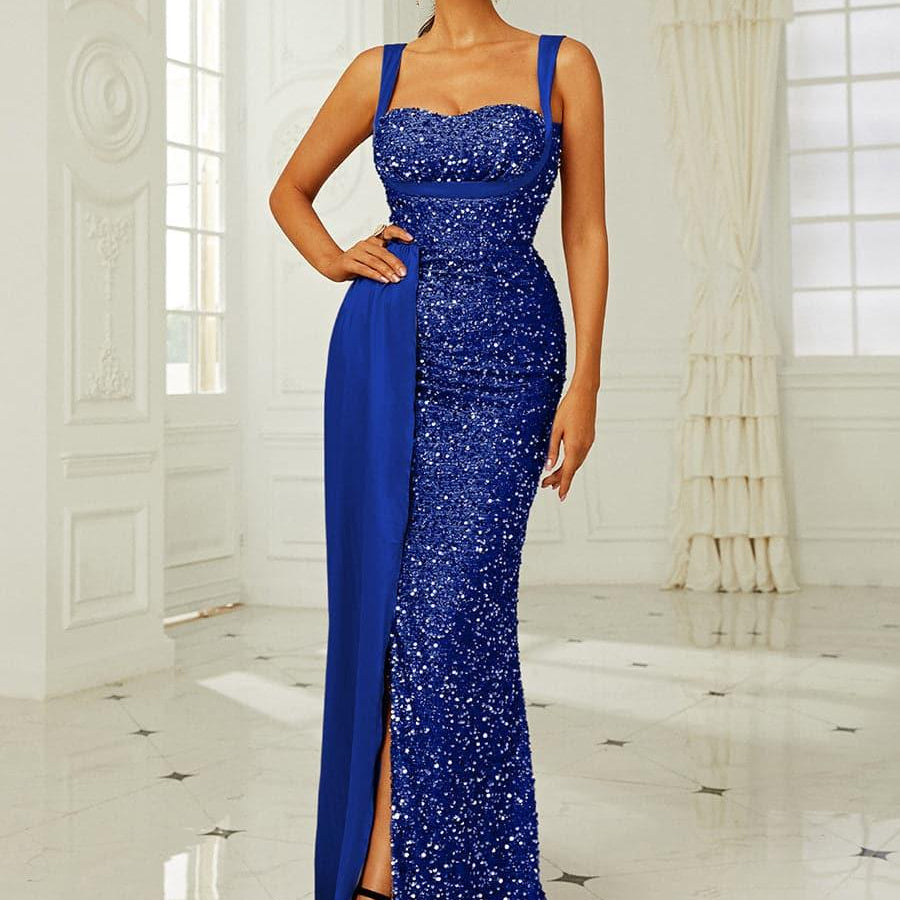 Ribbon Corset Sequin Maxi Prom Dress XH2162 - MISS ORD