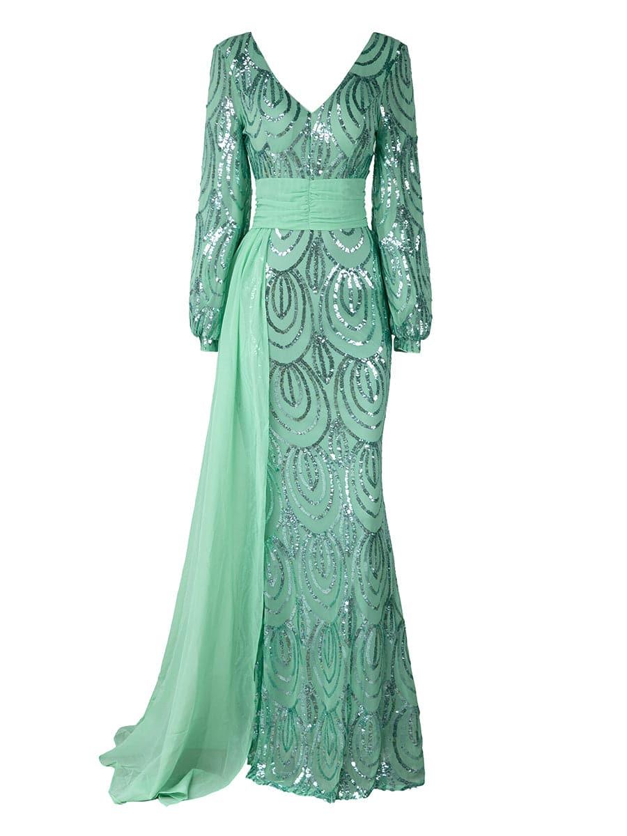 Formal Draping Sequin Long Sleeve Dress XJ1524 - MISS ORD