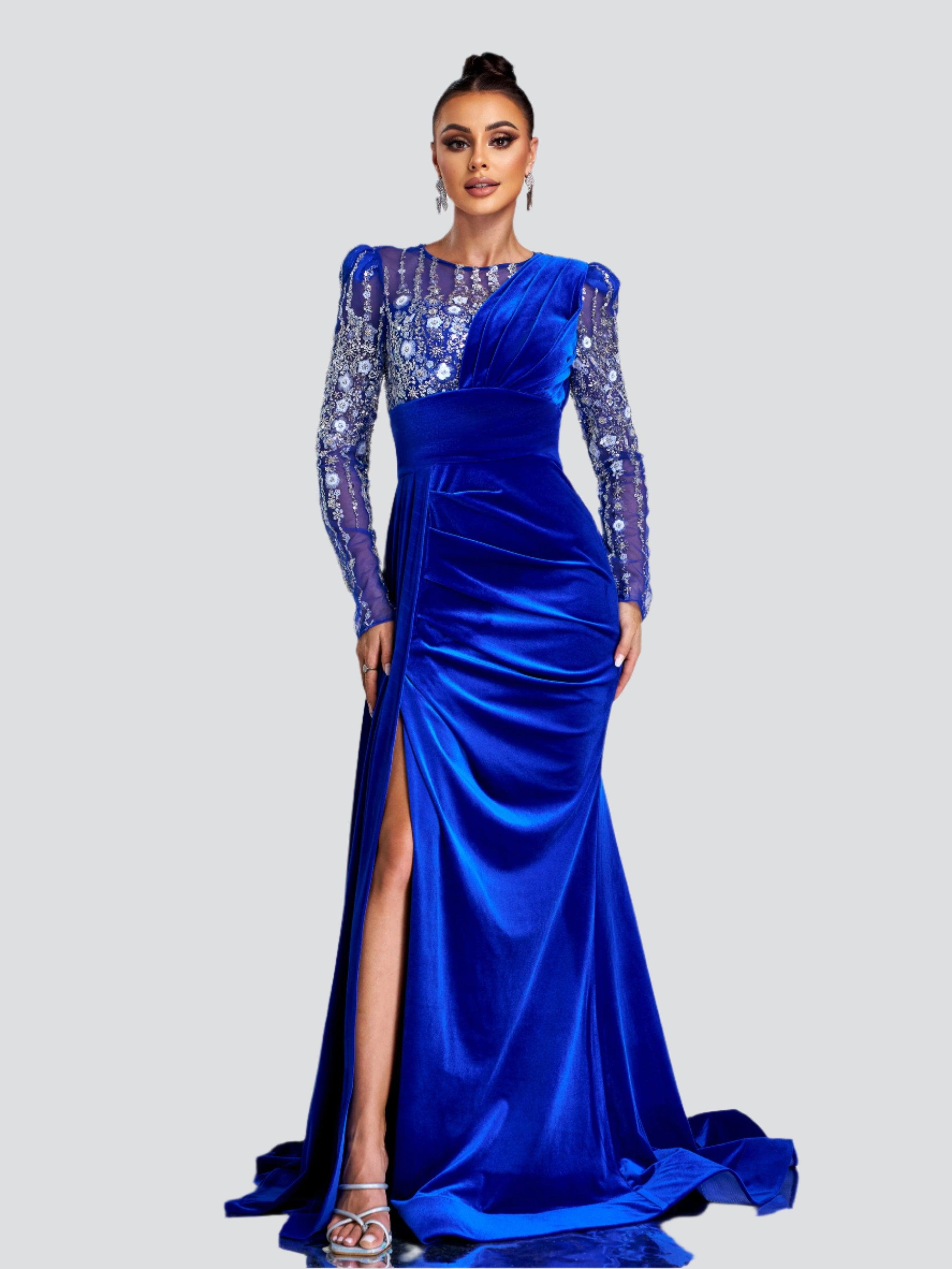 Floral Beaded Pleated Floor Length Velvet Gown DH80182 - MISS ORD