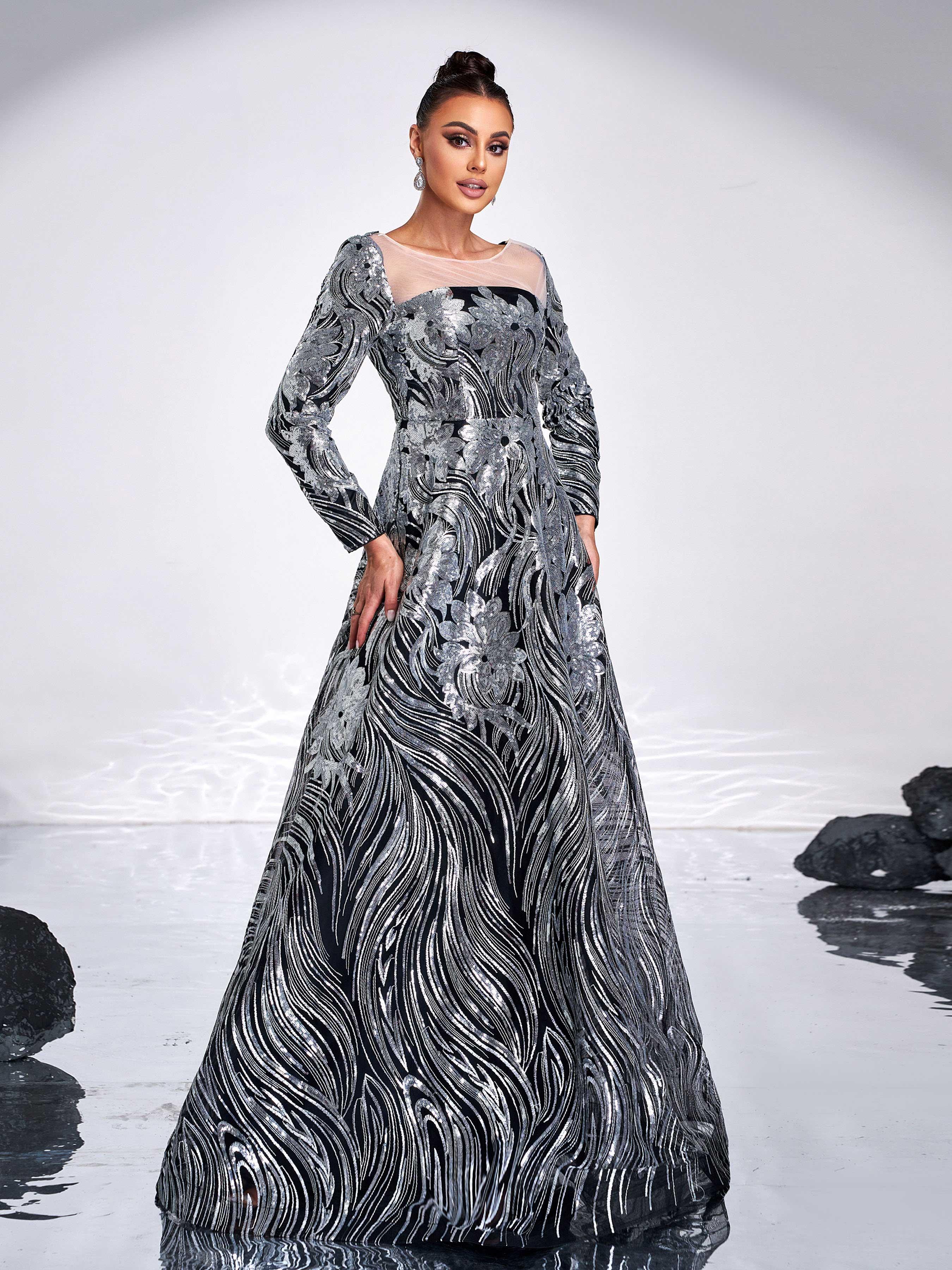 Black Panel A-line Sequin Evening Dress GM00588 - MISS ORD