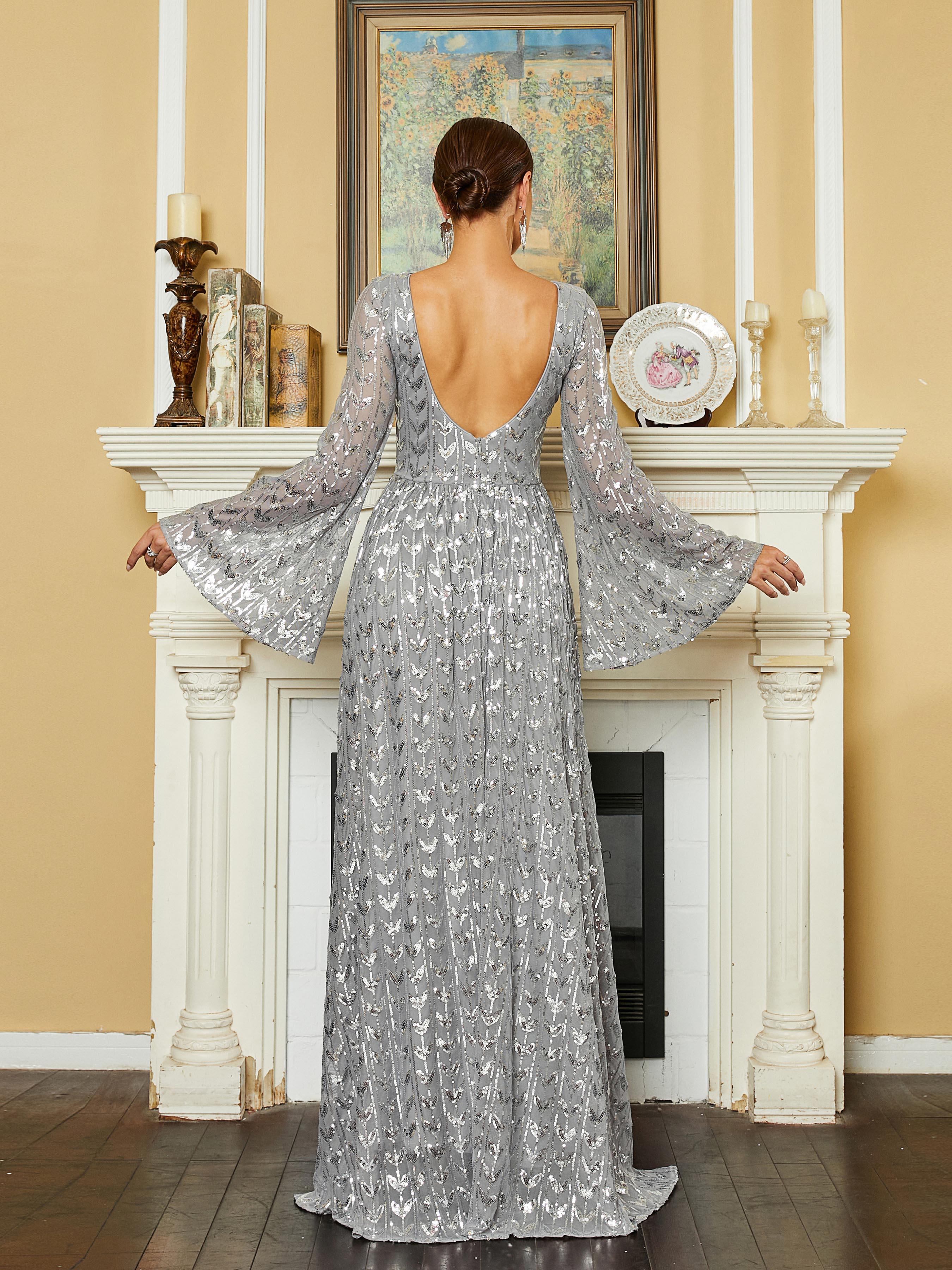 Bell Sleeve Backless Sequin Evening Dress RM20603 - MISS ORD