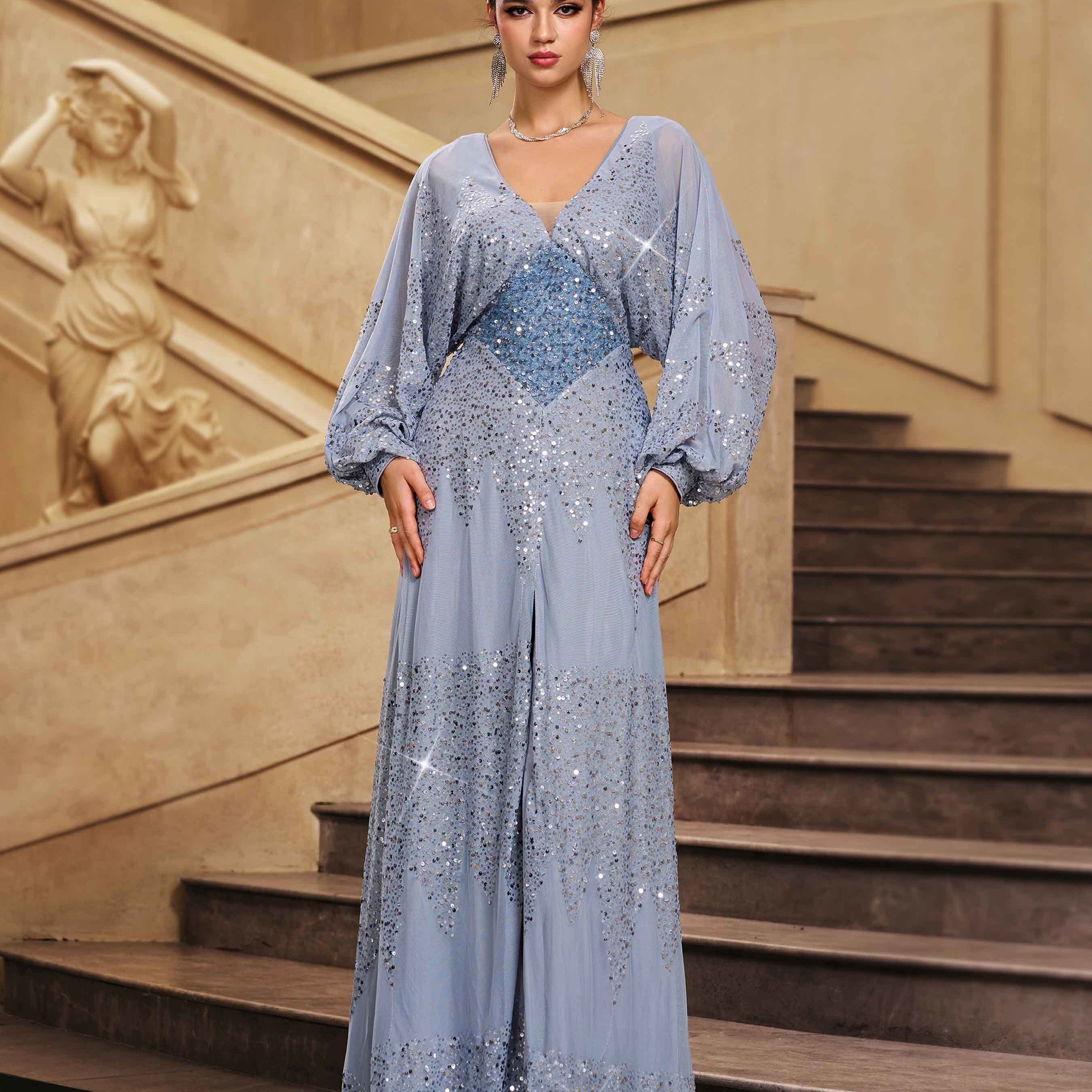 Lantern Sleeve V-Neck High Split Black Prom Dress RM21107