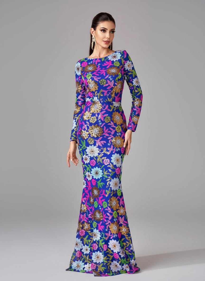 Crew Neck Floral Sequin Dress RJ10987 - MISS ORD