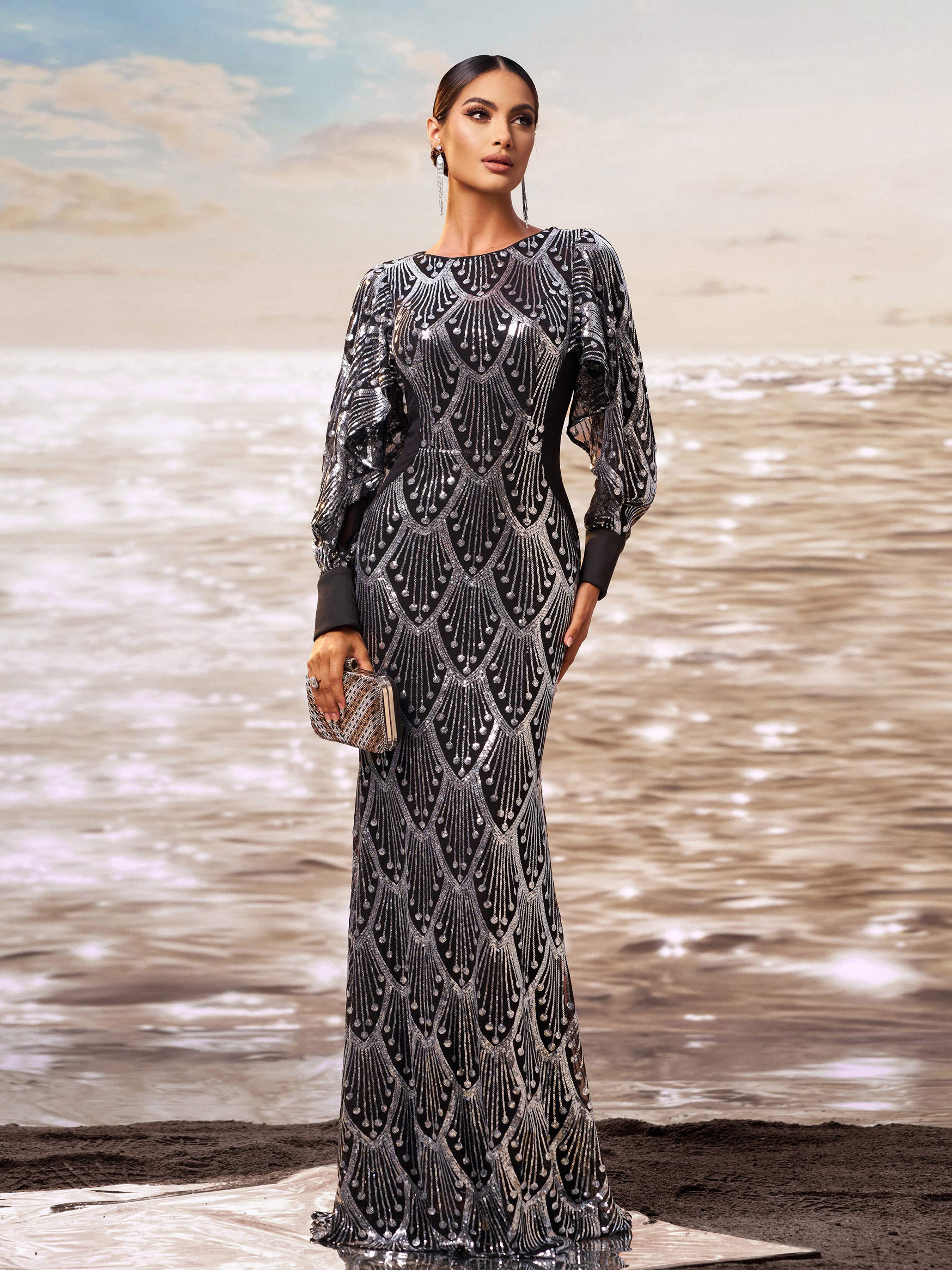 Classic Black Sequin Ballon Sleeve Prom Dress DH80287 - MISS ORD