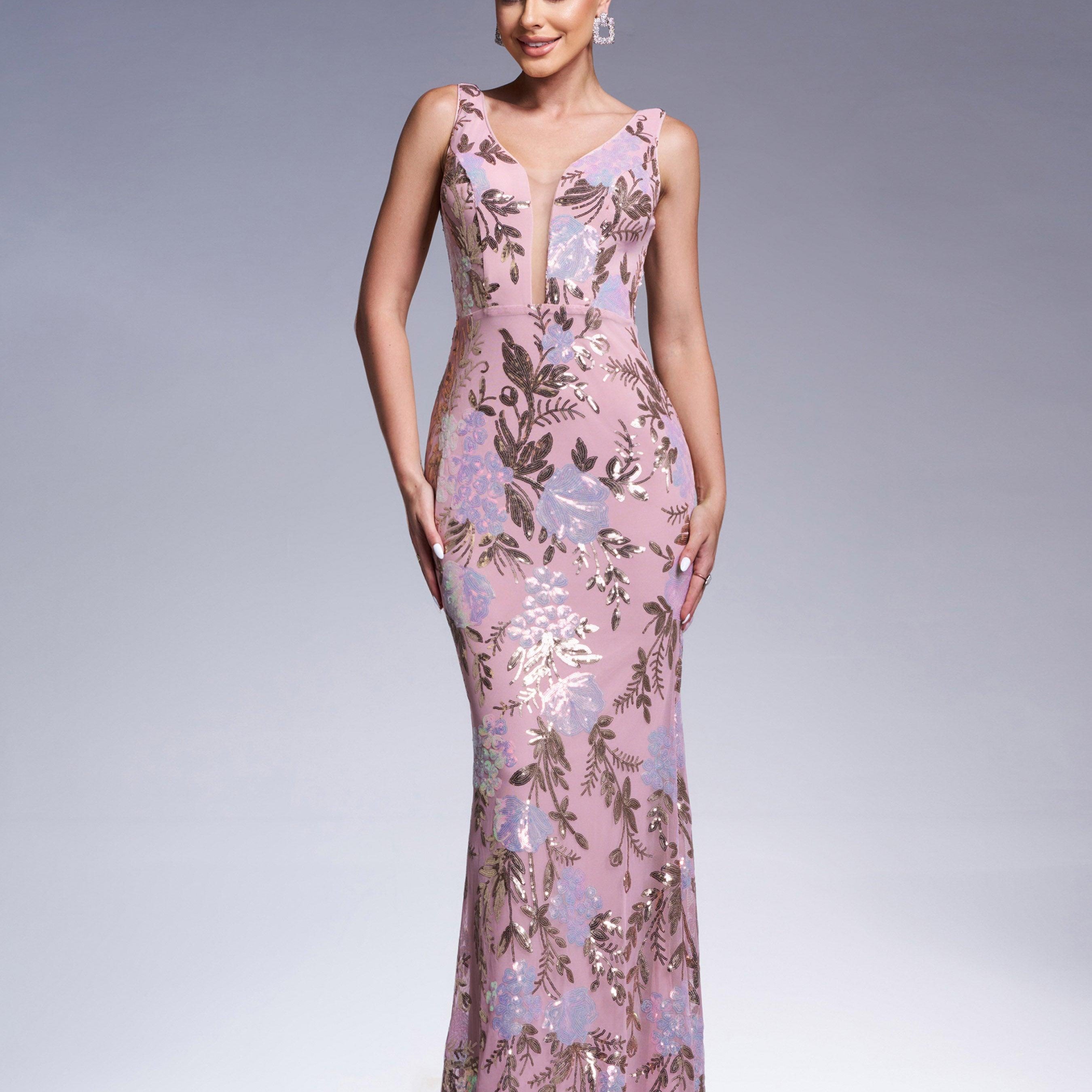 Floral Sleeveless Sequin Evening Dress XJ1986 - MISS ORD