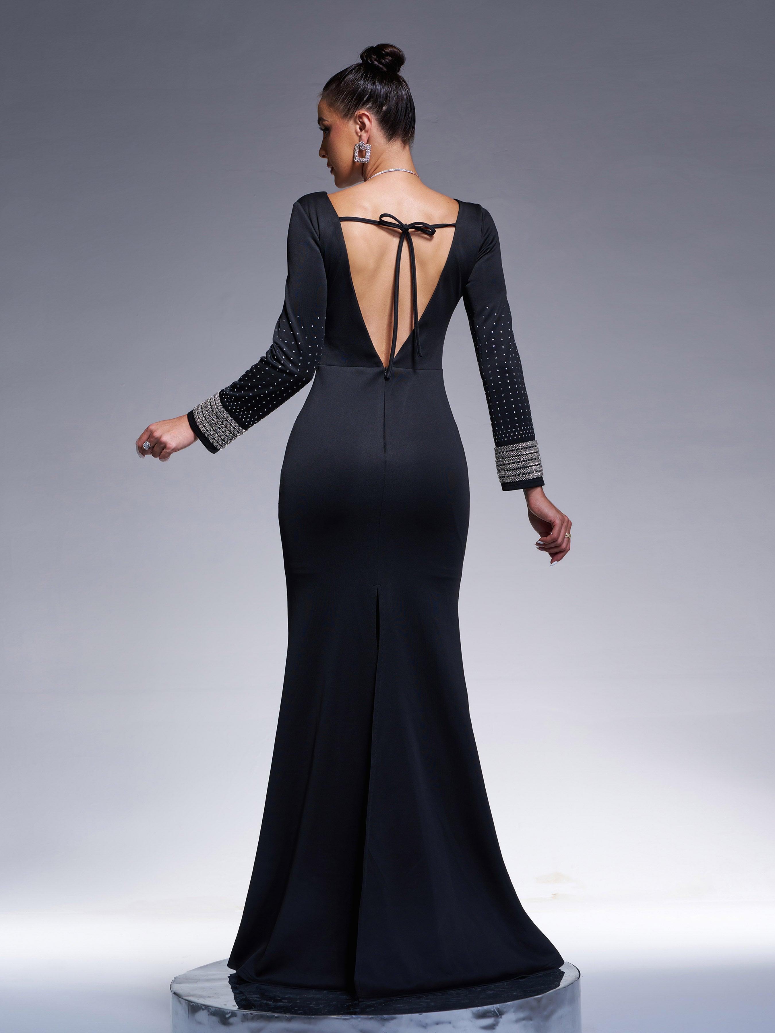 Elegant Black Long Sleeve Backless Prom Dress RJ12013 - MISS ORD