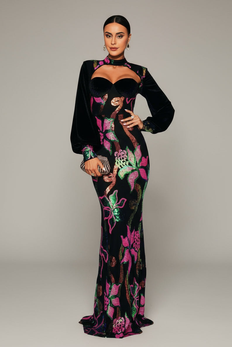 Cutout Lantern Sleeve Mermaid Dress RJ11296 - MISS ORD