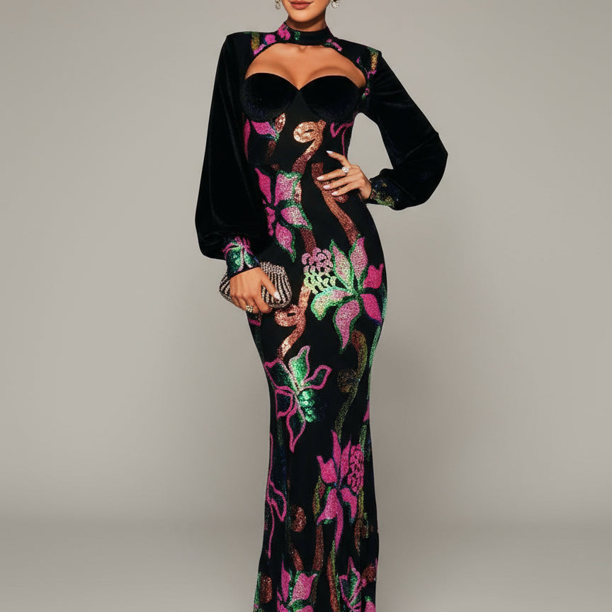 Cutout Lantern Sleeve Mermaid Dress RJ11296 - MISS ORD