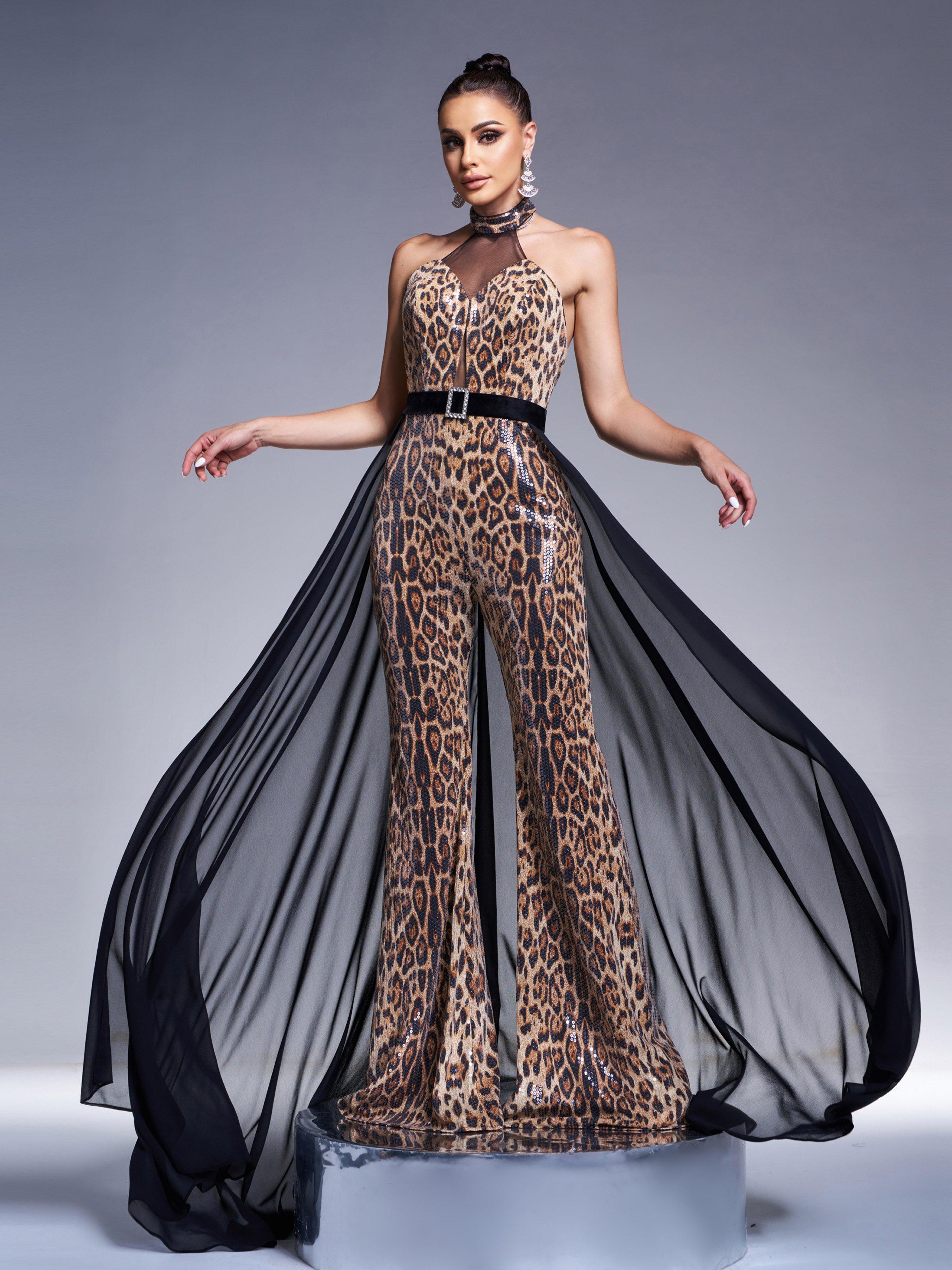 Backless Mesh Cape Leopard Jumpsuits DH80220 - MISS ORD