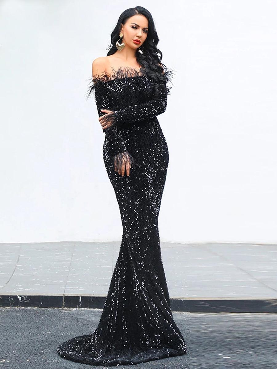 Off Shoulder Feather Sequin Evening Dress FT19005 - MISS ORD