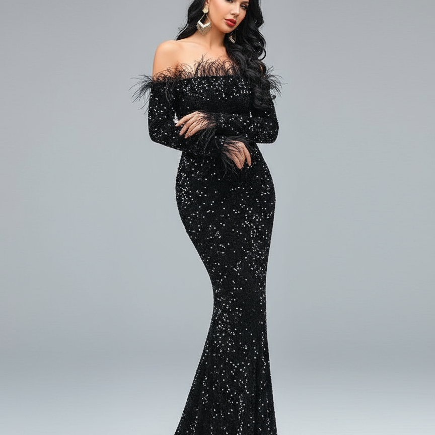 Off Shoulder Feather Sequin Evening Dress FT19005